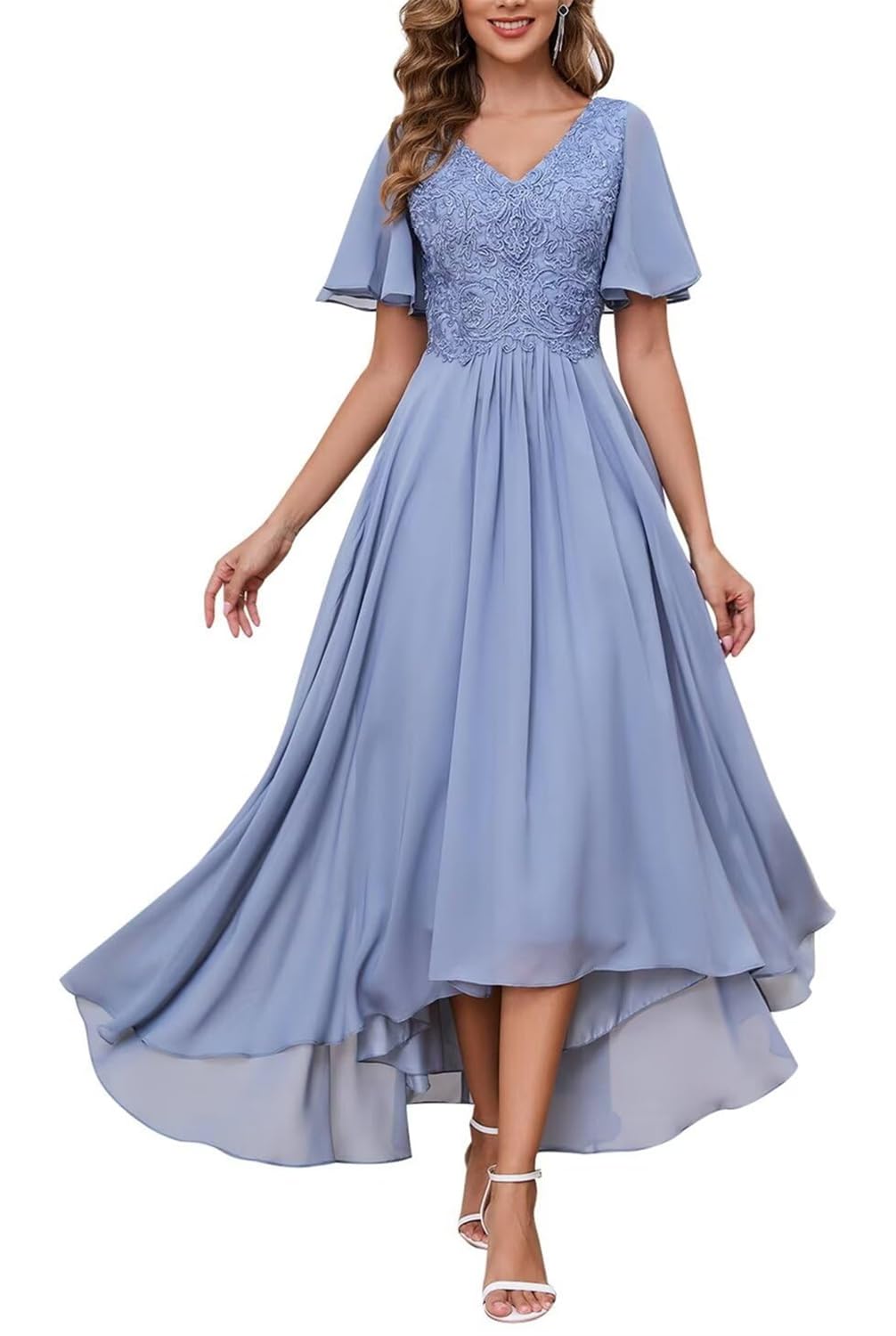Hppee Women's Dusty Blue Mother Of The Bride Dresses With Sleeves For Wedding Party A Line V Neck Chiffon Long Bridesmaid Dress Uk10