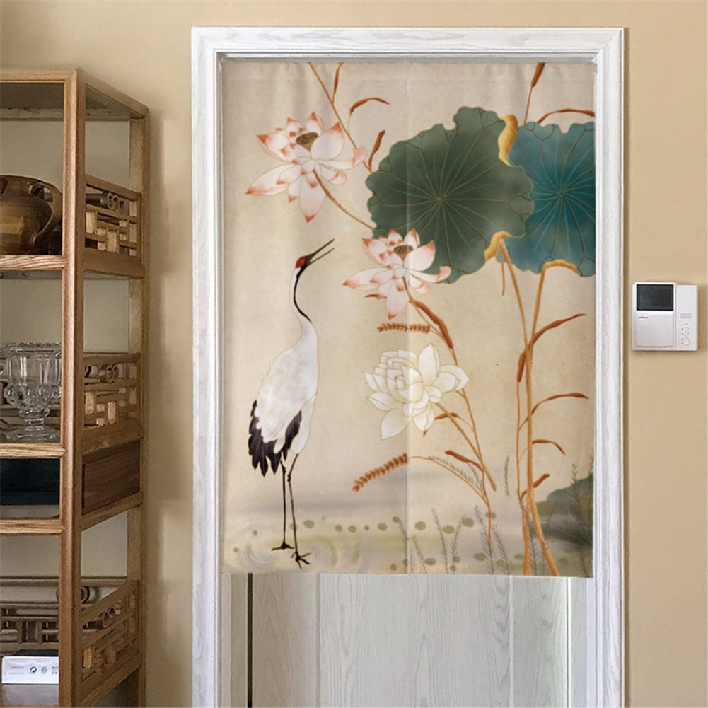 Surwin Crane Bird Japanese Noren Doorway Curtain Cotton Linen Artistic Style Door Curtain Window Treatment Tapestry For Kitchen Bistro Partition Shading Home Decorative (85X90cm,)