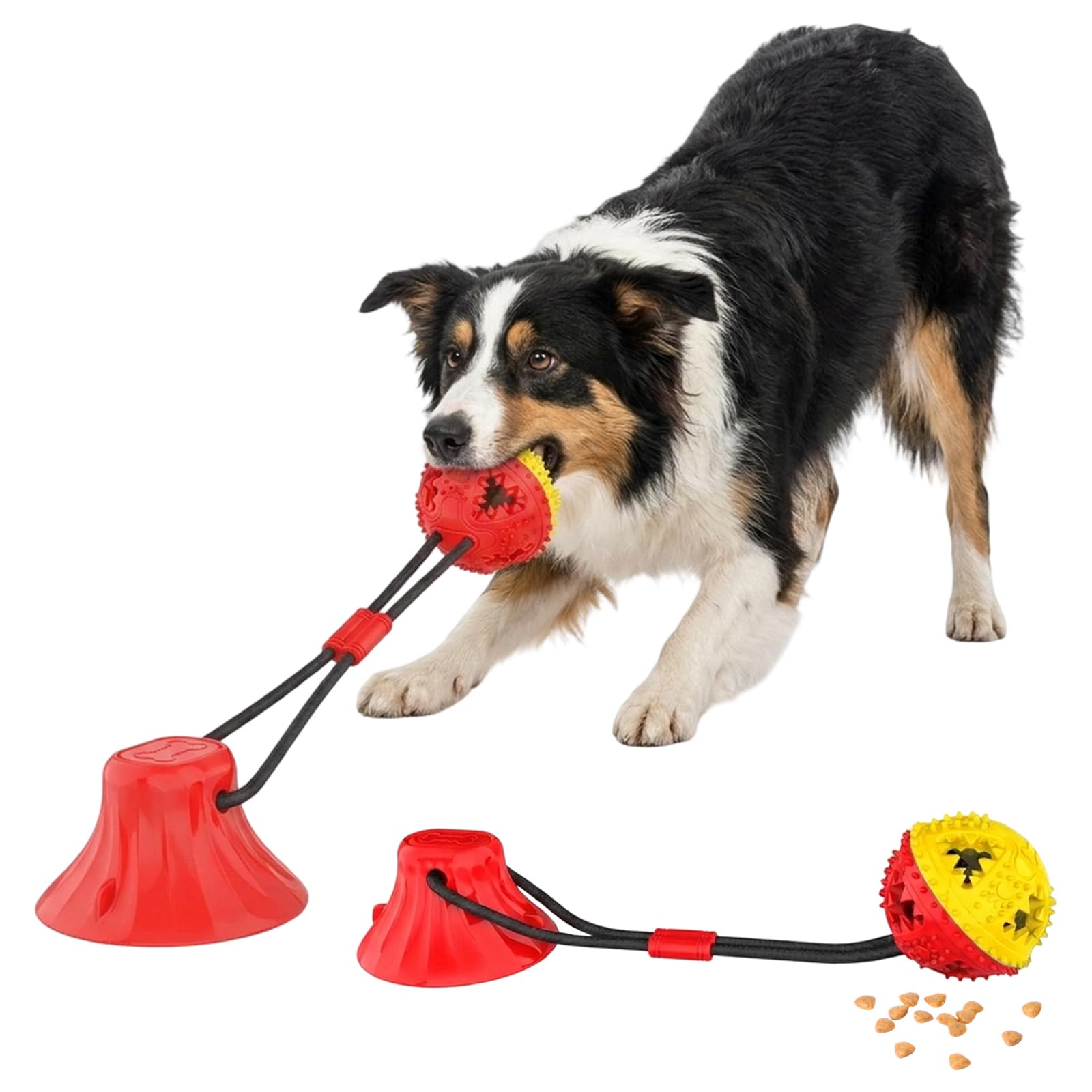 Dog Toys and Interactive Dog Toys, Tug Toys for Dogs with Suction Cup, Treat Ball for Play and Training, Kong Style with Red and Yellow Design, Durable Rubber Construction for Canine Entertainment