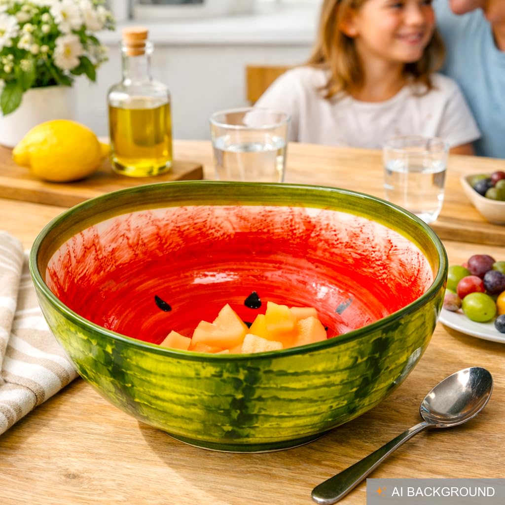 Lashuma Handgemachte Obstschale Melone, Servierschale aus Italienischer Keramik in Melonenoptik, Runde Salatschüssel 24 cm