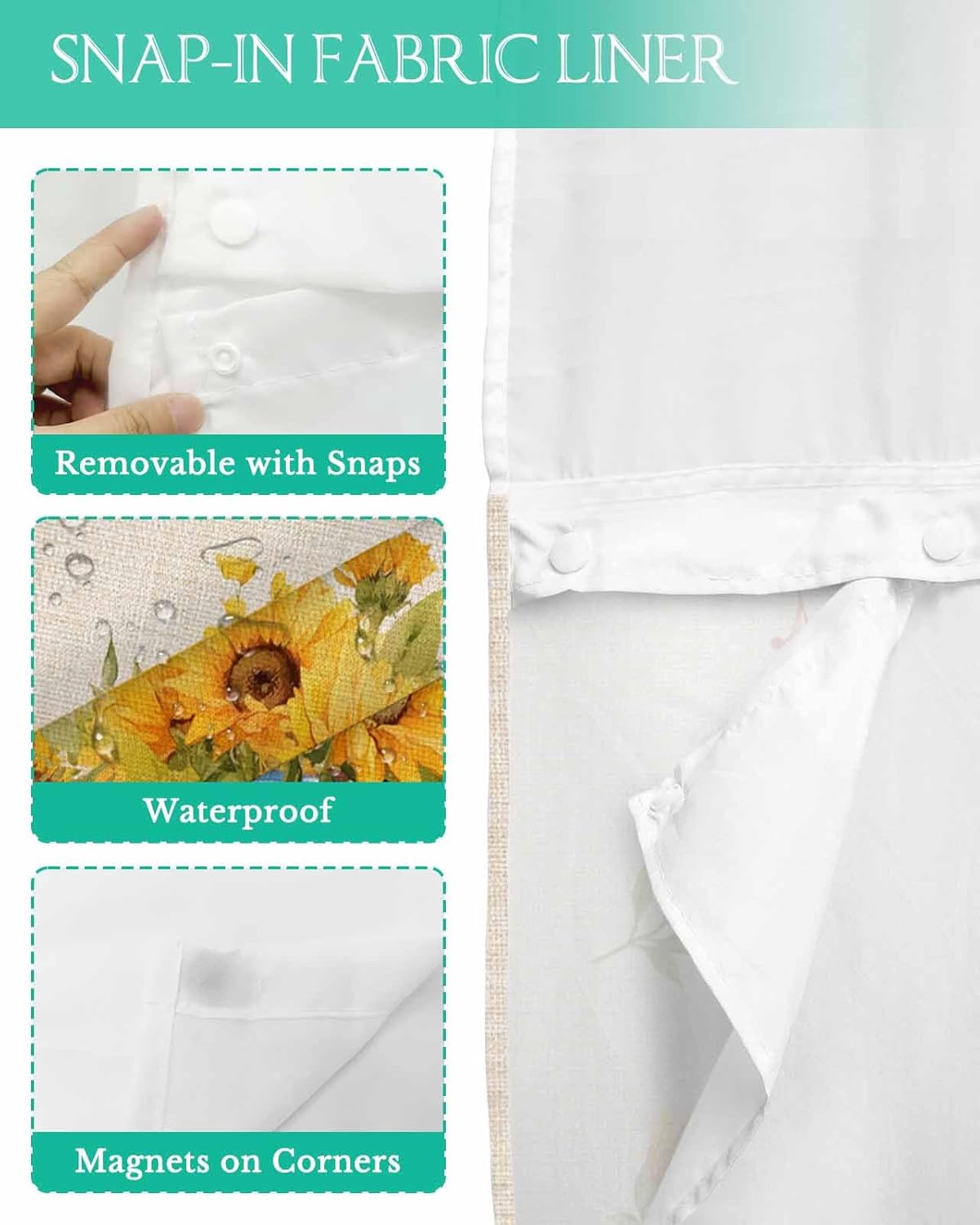 Retro Blue White Truck No Hook Shower Curtain with Snap in Liner Set,Sunflower Floral Farmhouse Rustic Leaves Waterproof Bath Curtain,See Through Mesh Top Window Bathtub Curtain for Bathroom 48"x72"