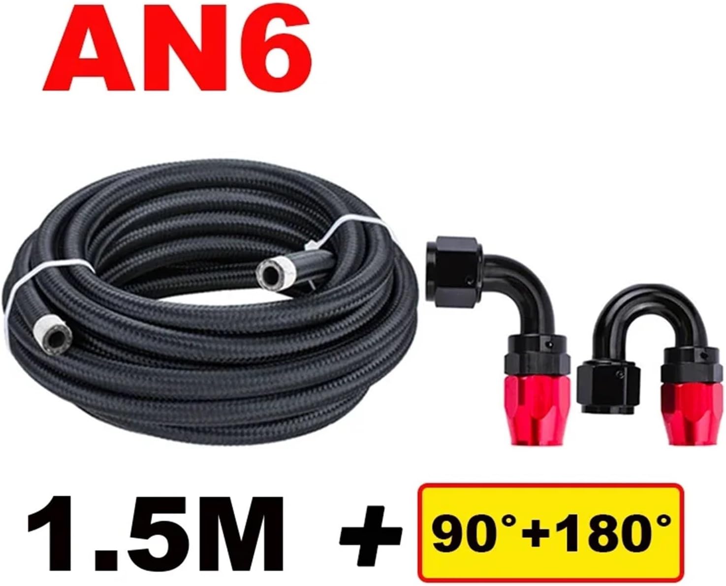 1.5M AN6 Fuel Hose Fitting Oil Line Pipe Tube Nylon Stainless Steel Braided CPE Rubber With 0/45/90/180 Degree Swivel Hose Ends(1.5M Black 0 180)