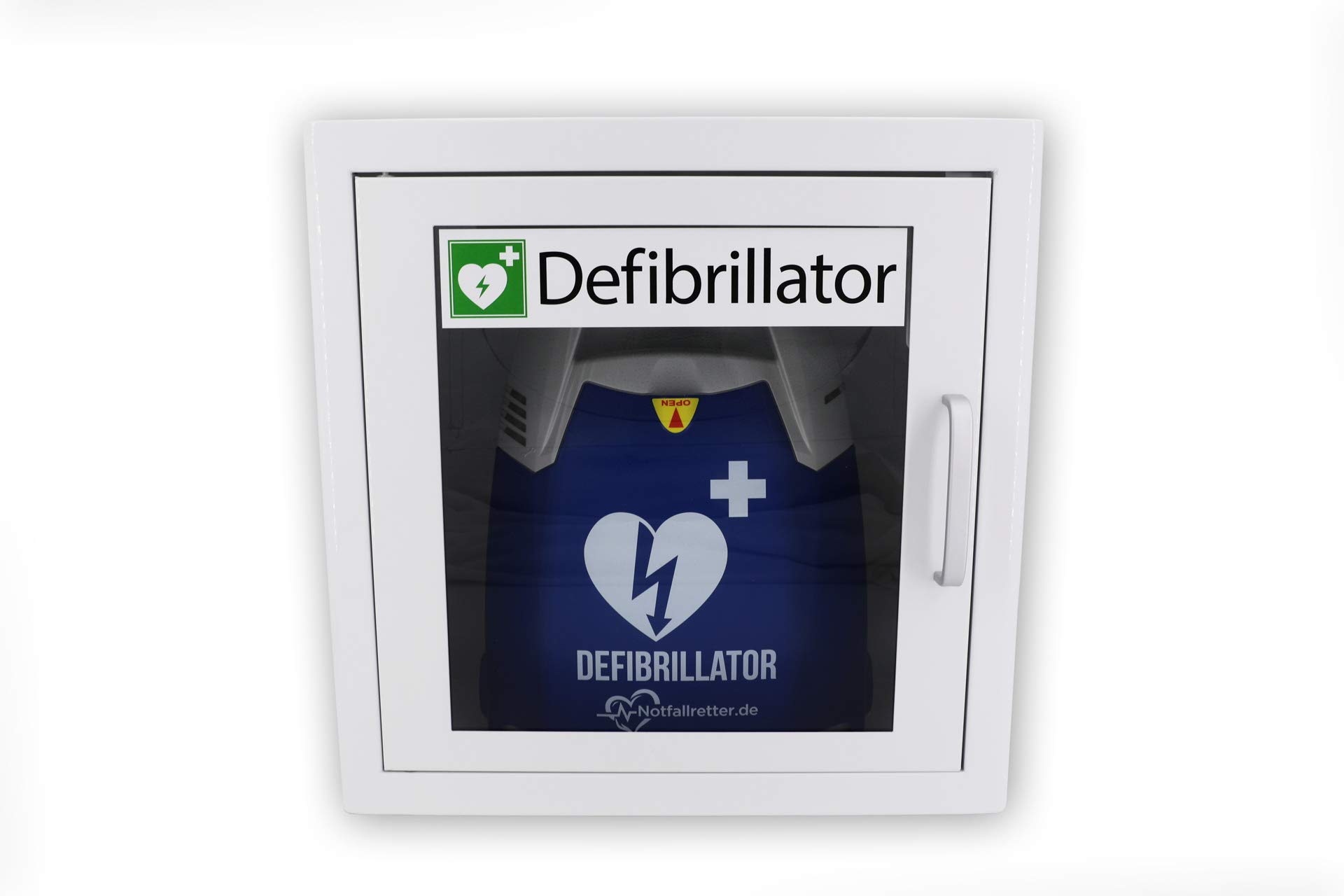 Innen-Wandschrank, weiß, für Defibrillator AED mit Kunststoffschauglas und Alugriff aus Metall