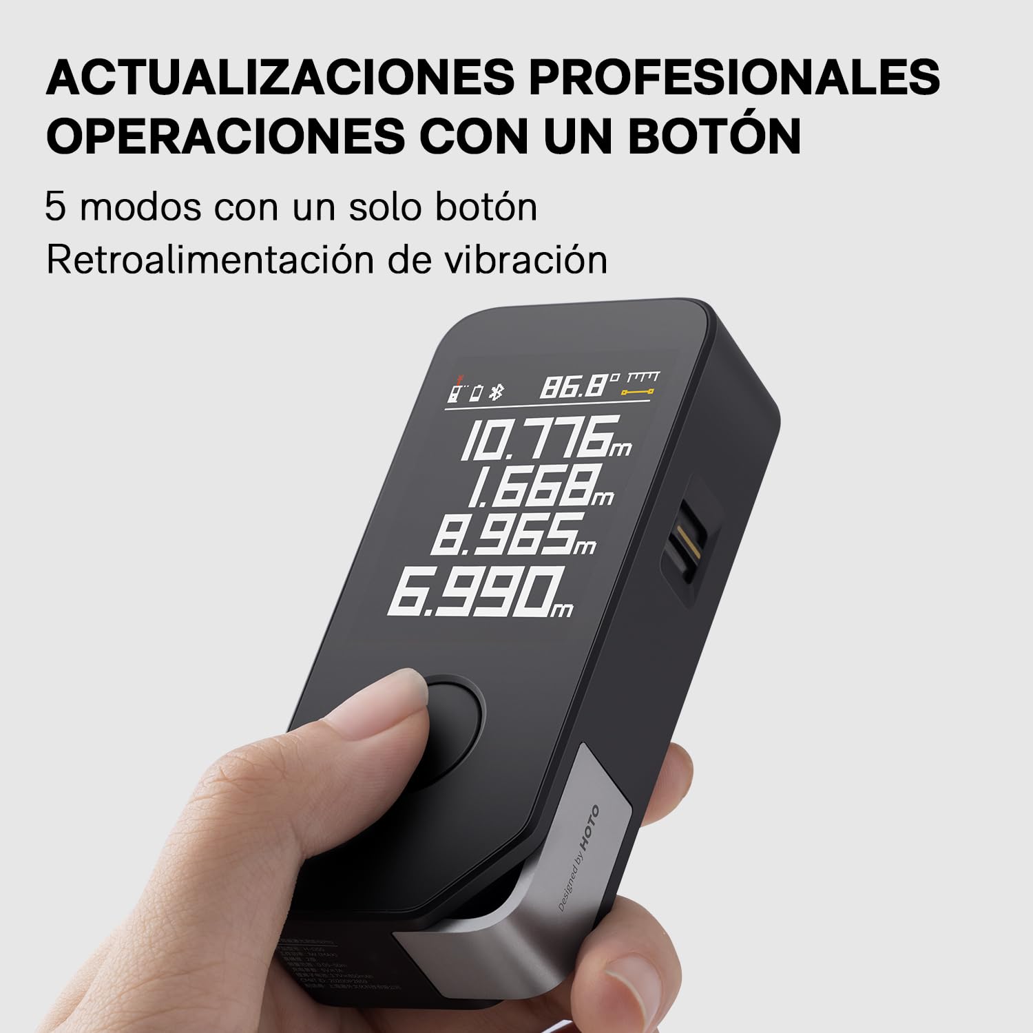 HOTO Medidor Láser Pro con Bluetooth, USB-C Recargable, 5 Modos, Pantalla LED a Color, 850 mAh, 0.05-50m, Unidad M/Ft/in, Herramienta de Medición Láser de Alta Precisión con Regla Virtual