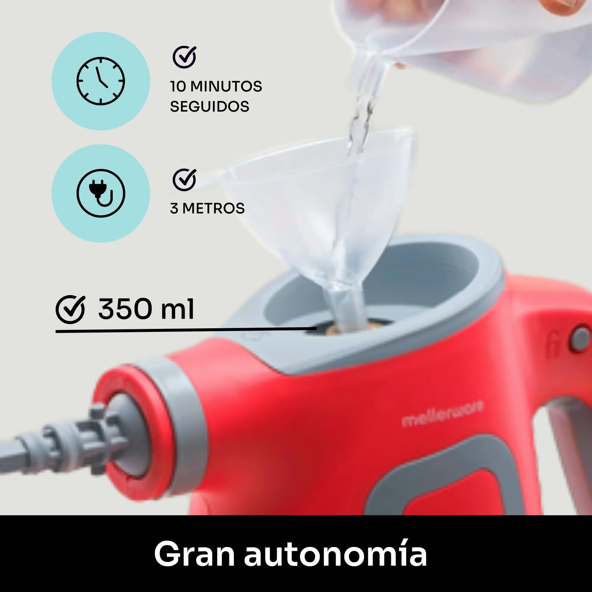 Mellerware Limpiador a Vapor de Mano Fush! 1050W Vaporeta de Limpieza Hogar 380mL 9 Accesorios