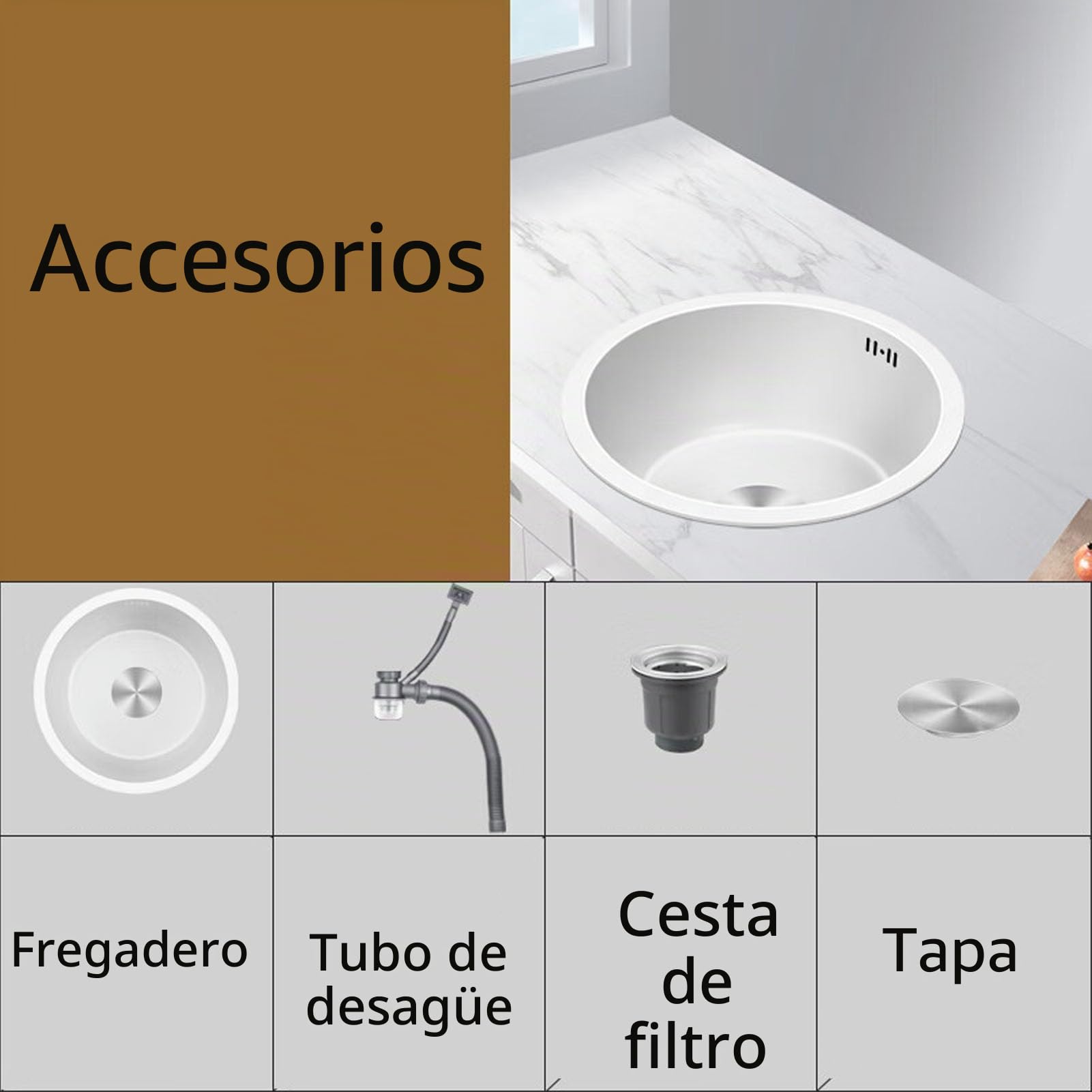 Pileta Blanco,Fregaderos Cocina 1 Seno,Lavadero Cocina Inox Redondo,Pila PequeñO con Drenaje,Formas de Instalar Sobre Encimera/Bajo Encimera (Ø 32cm)