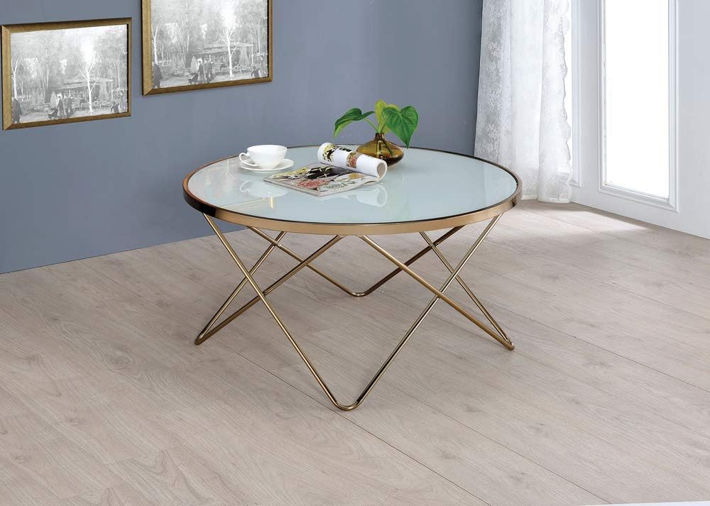 Acme Valora Round Glass Top Coffee Table in White and Gold