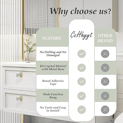 Miniatura 5 de Pomos de cristal autoadhesivos para gabinete de espejo, manija adhesiva para tocador, cajón, armario, pomos de cristal adhesivos en forma de