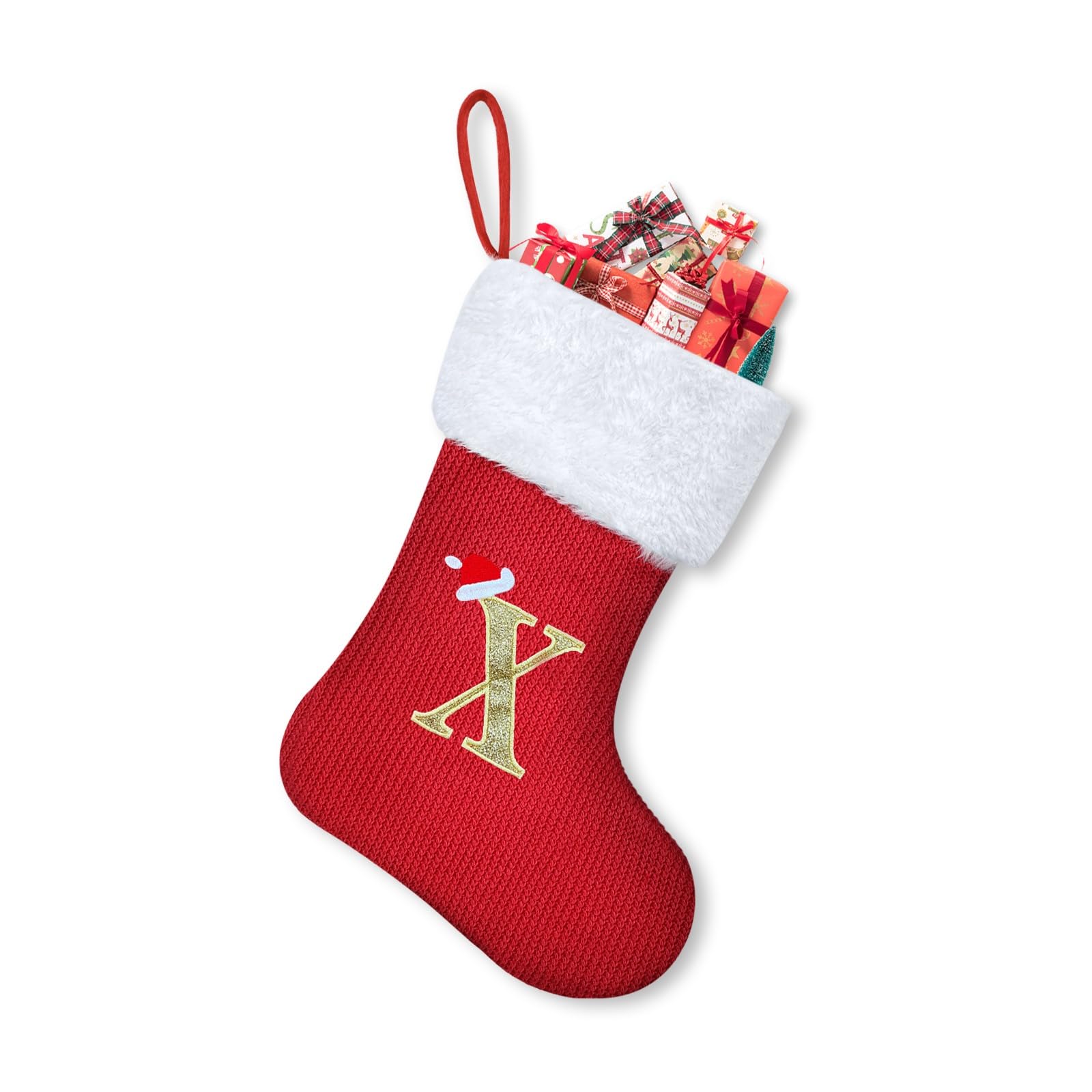 Urijk Monogram Christmas Stockings Personalised Initial Embroidered Stocking Red Velvet Classic Christmas Stocking Fireplace Hanging Ornament Christmas Holiday Party DΓ©cor 30cm-X