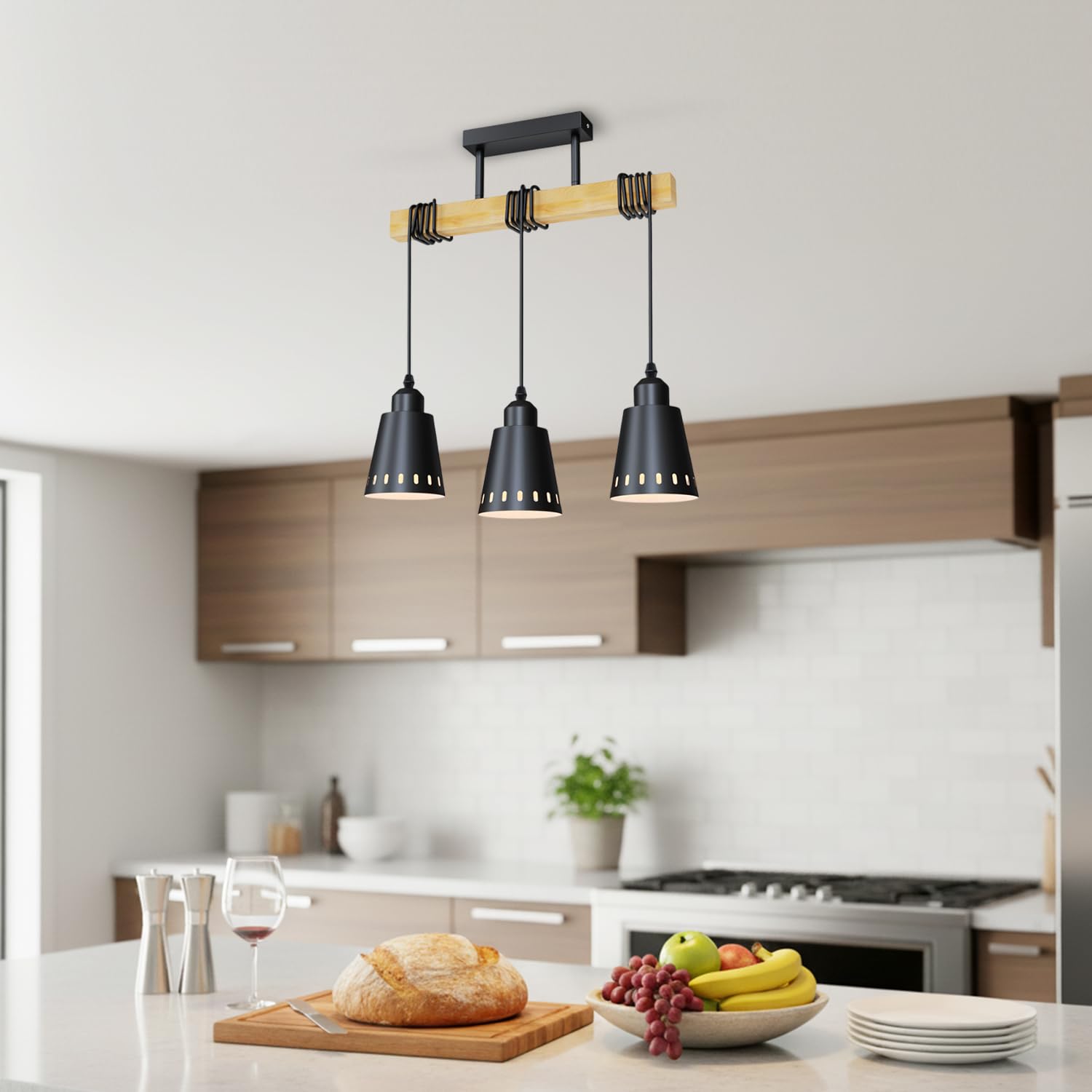 LVWIT Lampadario Soffitto Nero, Lampada Sospensione Cucina con 3 Luci, Lampadari Rustici E27, Base di Legno, Lampadari Pendente per Cameretta, Sala da Pranzo,Soggiorno (Senza Lampadina)