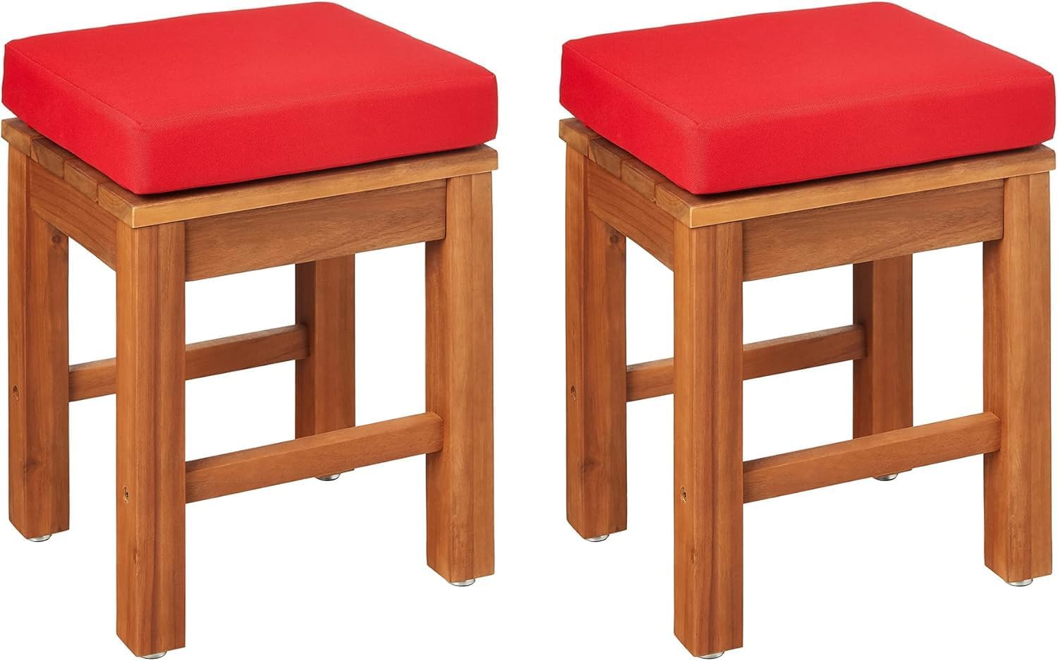 Outdoor Patio Stools with Cushions, Acacia Wood, Set of 2, Natural Finish