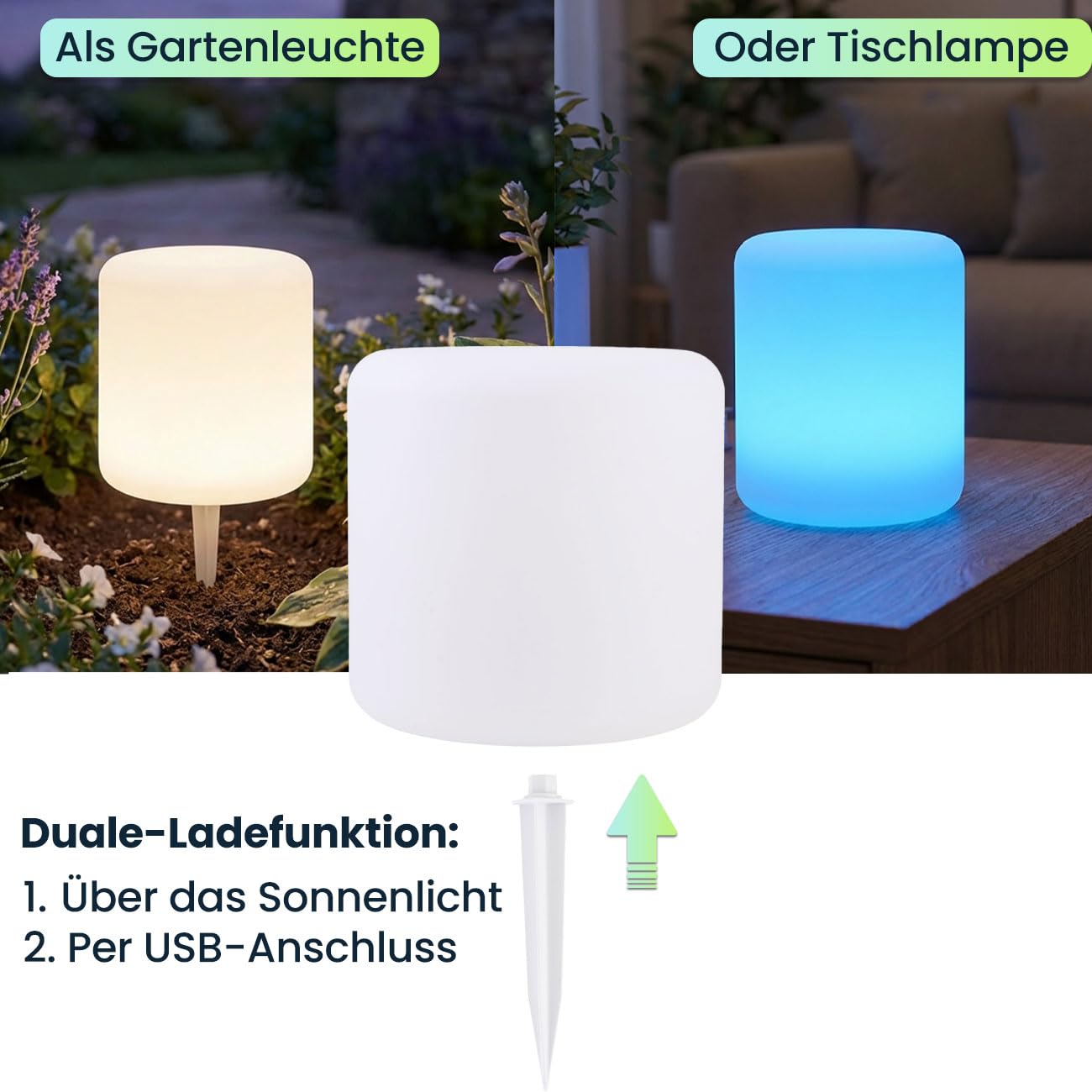 ideoon Moderne LED Solar Zylindrische Tischlampe & Gartenleuchte mit Erdspiess, RGBW Farbwechsel, USB aufladbar, IP44 wetterfest - ideal für Ihren Garten (2)