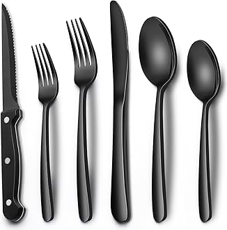 EWFEN Black Heavy Duty Silverware Set, 24-Piece Stainless Steel Flatware Set with Steak Knives for 4, Food-Grade Tableware Cutlery Set, Utensil Sets for Home Restaurant, Mirror Finish, Dishwasher Safe
