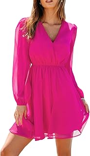 Women's Mini Dresses Casual Spring V Neck Chiffon Long Peasant Sleeves Flowy Summer Dress - Buy now