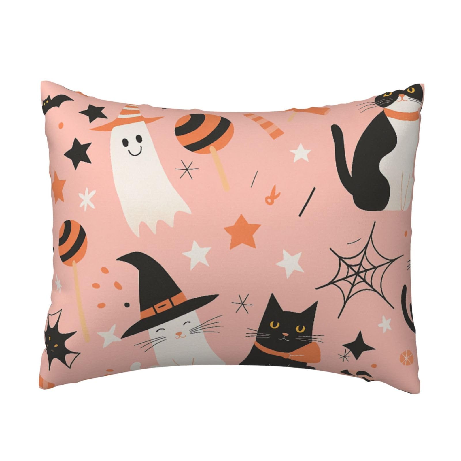 Cute Witch Cat and Ghost Halloween Pillowcase Soft Plush with Zipper Decorative Pillowcovers 16x20 in