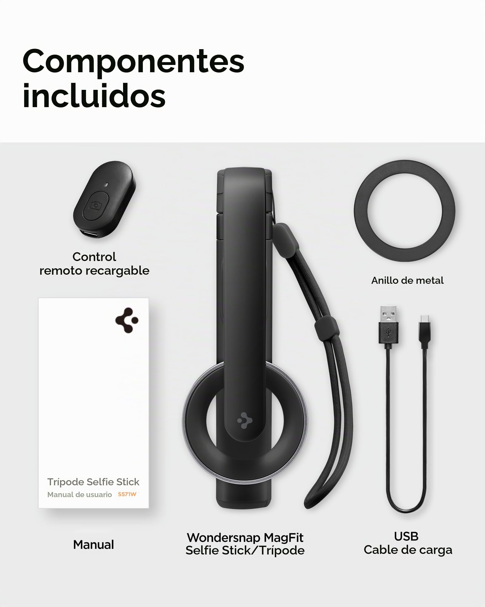 Spigen S571W MagFit Palo Selfie Anillo Metálico y Correa | Negro, Imán 18N Fuerte, Compacto y Ligero 170g, Soporte Todo en Uno para iPhone, Samsung Android, Pixel