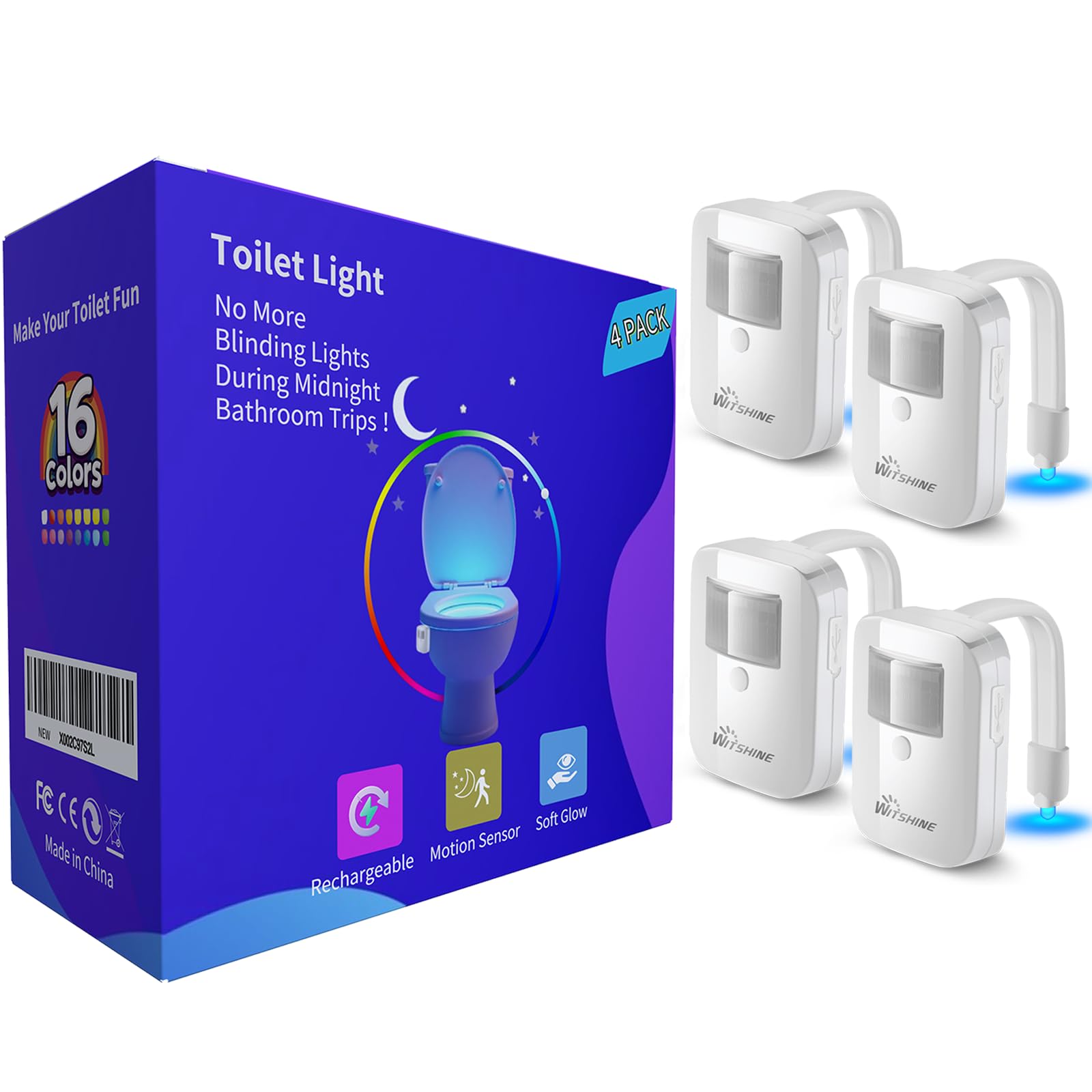 Toilet Light Motion Sensor Activated 4Pack, Rechargeable Color Changing LED Night Lights Inside Toilet Bowl, Cool Gadgets for Bathroom Accessories, Unique Stuff for Men and Kids Birthday