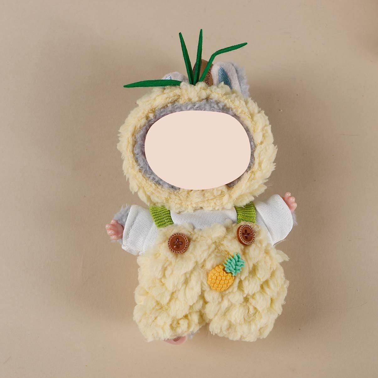 Compatible with Labubu (NO Doll) - Cream Fluffy Pineapple-Themed Set (Headband + White Top + Overalls), 15cm/17cm Doll Clothing (Yellow)