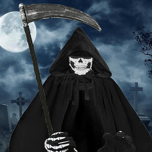 Miniatura 4 de Disfraz de la parca para niños, capa negra con capucha para cosplay con máscara de calavera, capa de terciopelo para niñas y niños, disfraces de