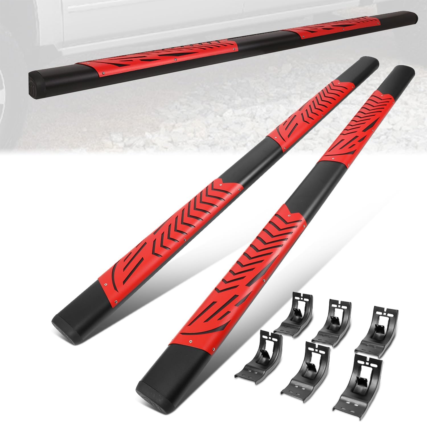 5.5 in. Black/Red Stainless Steel Oval Step Nerf Bar Compatible with 09-22 Ram 1500 Classic 2500 3500 Crew Cab CAAP-STEPS-8200BKRD-ZTL