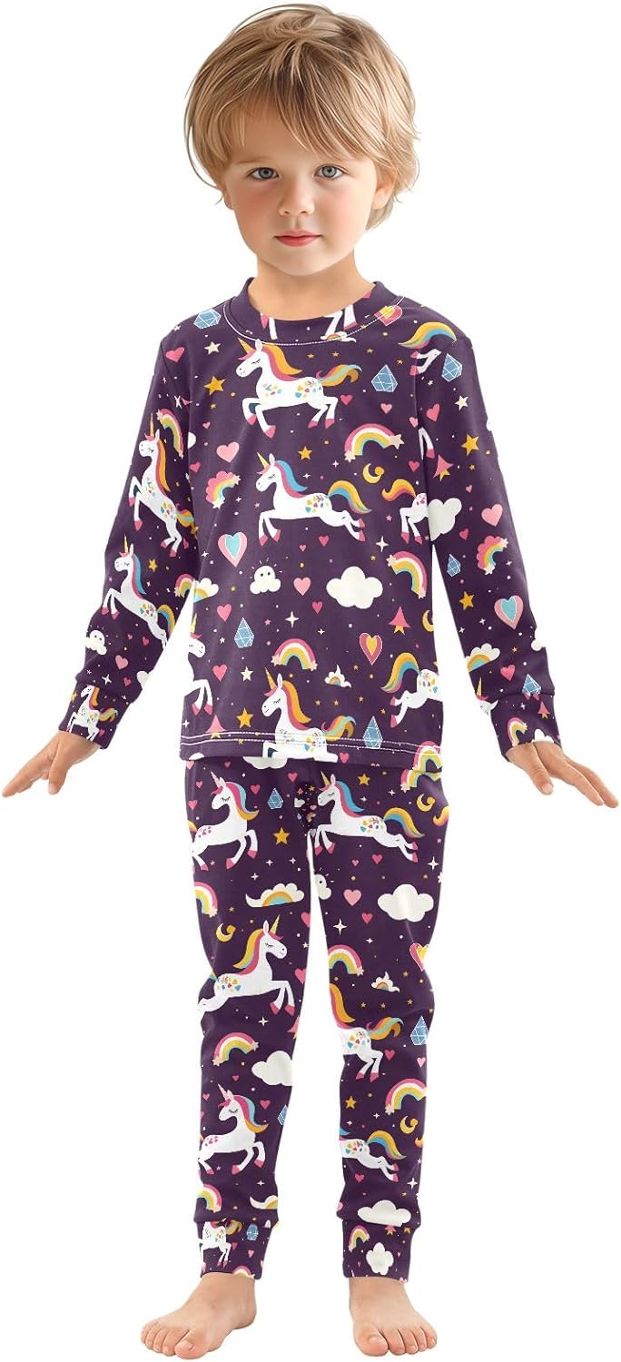 Unicorn Decorated Rainbow Pattern Boys Girls Pajamas Long Sleeve 2 Piece Cotton Suit - Image 3