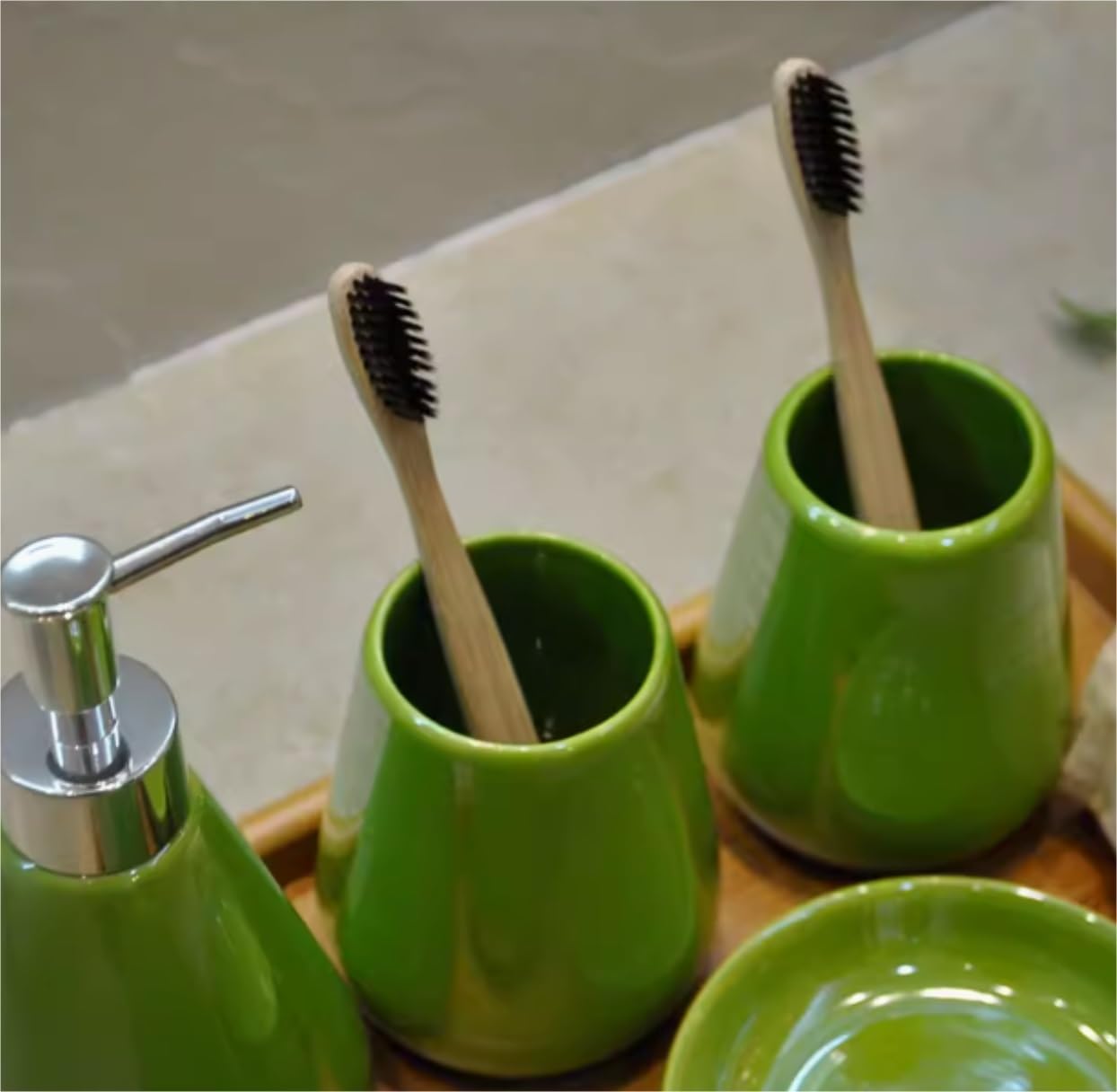 Decoracion Baño Encimera Baño Juego De 5 Accesorios De Baño De Cerámica, Incluye Soporte para Cepillo De Dientes, Jabonera Y Taza Utensilios Baño(Grün)