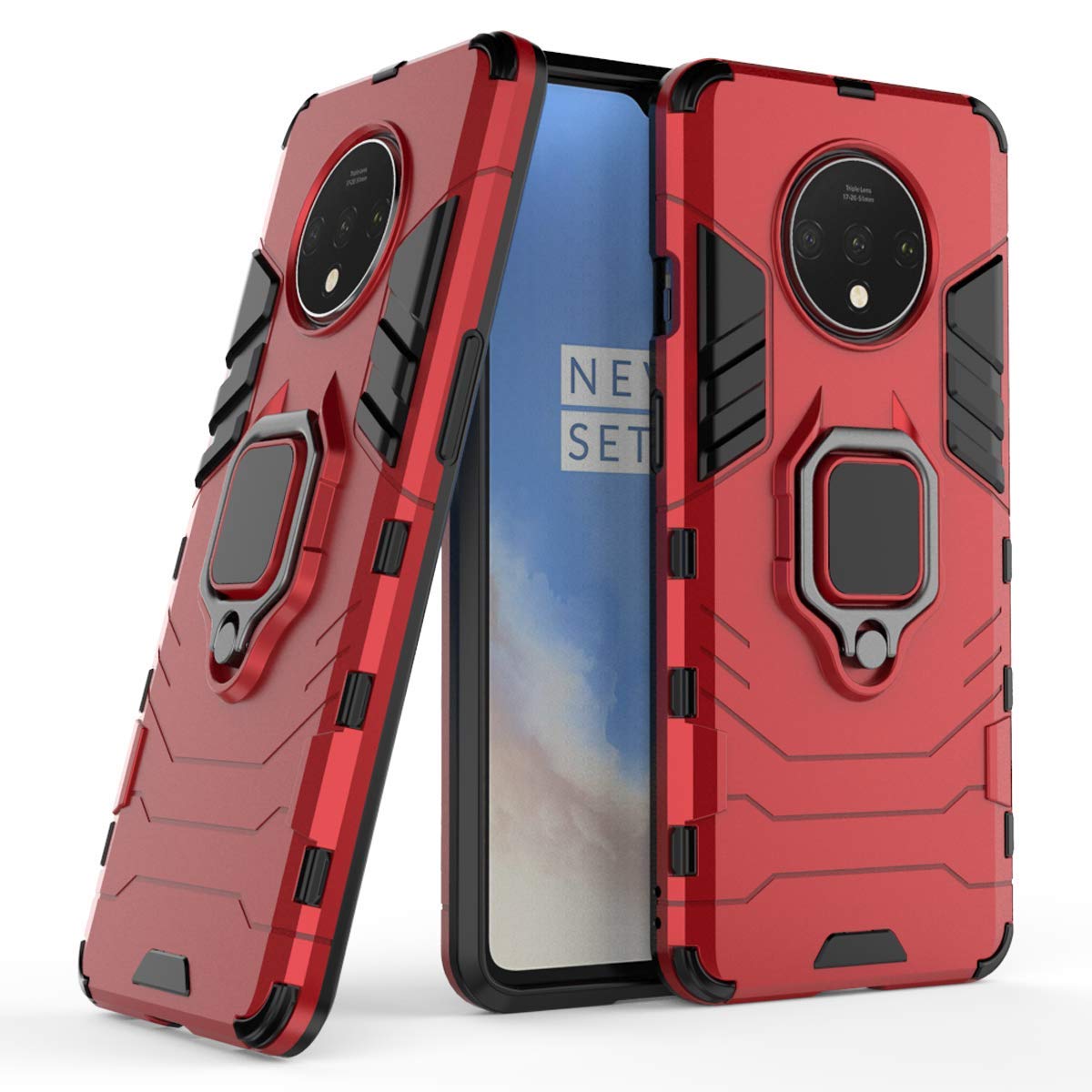 Compatible with OnePlus 7T Case, Metal Ring Grip Kickstand Shockproof Hard Bumper Shell (Works with Magnetic Car Mount) Dual Layer Rugged Cover for OnePlus7T (Red)