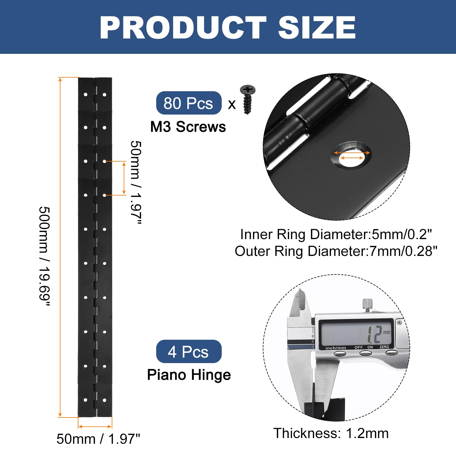 PATIKIL 4 Stück Metall Scharniere Klappbar Schwarz, 500x50mm Klavierband Scharnier Edelstahl Klappscharnier mit Schrauben, Lange Türscharniere für Schrank Holzkisten Schubladen Schmuckbox