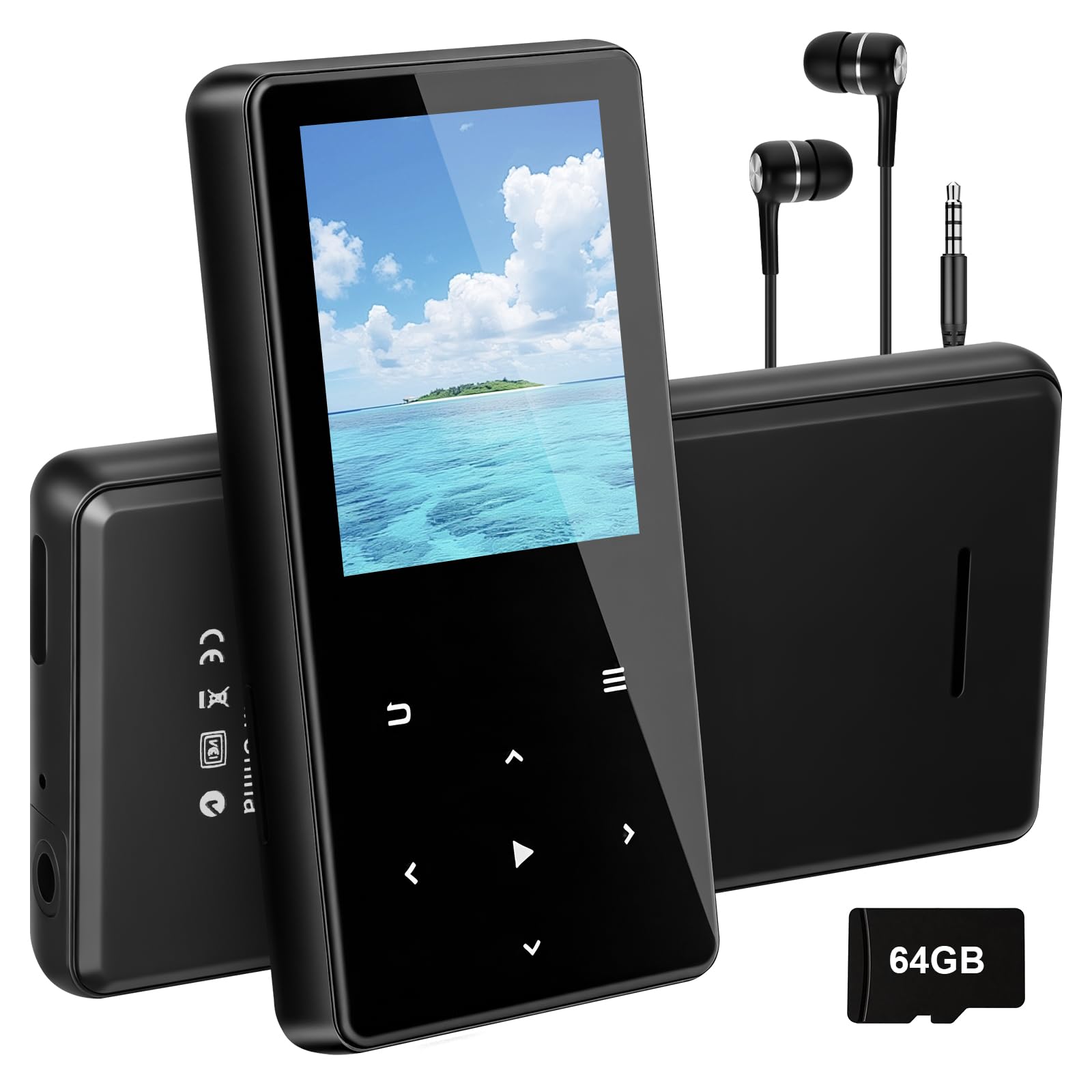 MP3 Player 64GB mit Bluetooth, Mini Digitaler Musik Player mit Lautsprecher, FM Radio, HiFi Audio, MP3 & MP4 Player, Kopfhörer inklusive