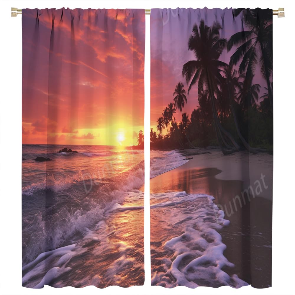 FYFMUSHE Colorful Sunset Room Darkening Rod Pocket Curtain Simple Sea Scenery Beach Palm Window Treatment Thermal Insulated Curtains for Bedroom 107cm W x 115cm L