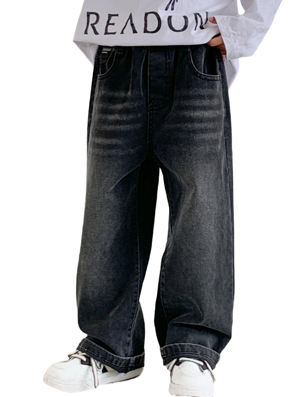 Rolanko Baggy Jeans Jungen, Weites Bein Elastischer Taille und Mehreren Taschen, Cargo Hosen Jeans für Kinder, Schwarz, 11-12 Jahre, 160