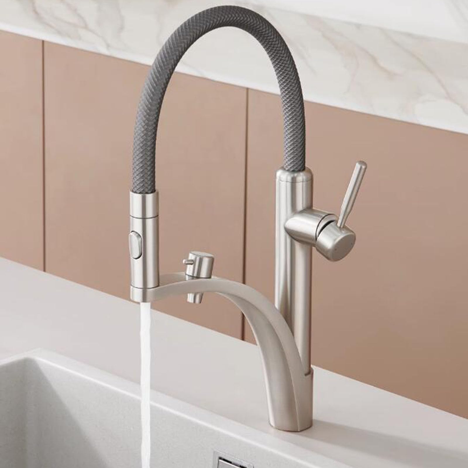 ZQFHSX Flexible Kitchen Sink Tap - 3 Way Brass Hot and Cold Purified Water Faucet Brushed Finish