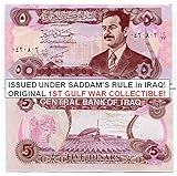 1974 IQ SADDAM HUSSEIN on ORIGINAL OLD IRAQ BILL in CRISP UNICRCULATED COND. Great Gulf/Iraq Wars Collectible! 5 DINARS Gem Crisp Undcirculated (Bank Fresh)