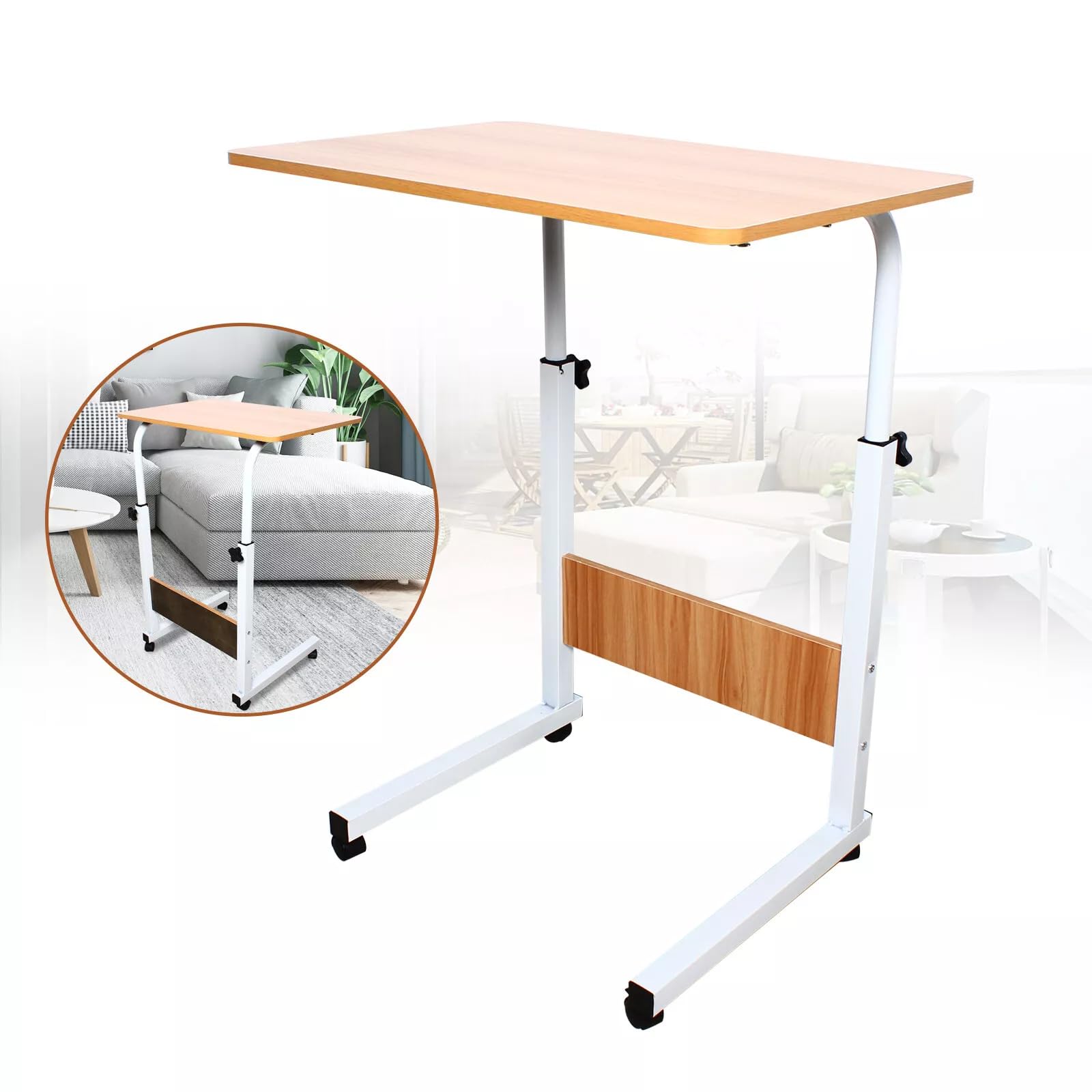 C-Form Endtisch Kleiner Sofa Beistelltisch Speichertisch Moderner Laptop Schreibtische Höhenverstellbare Kaffee Snack Tisch Laptop Stand mit Rädern, Rolling Laptop Tisch für Wohnzimmer Schlafzimmer