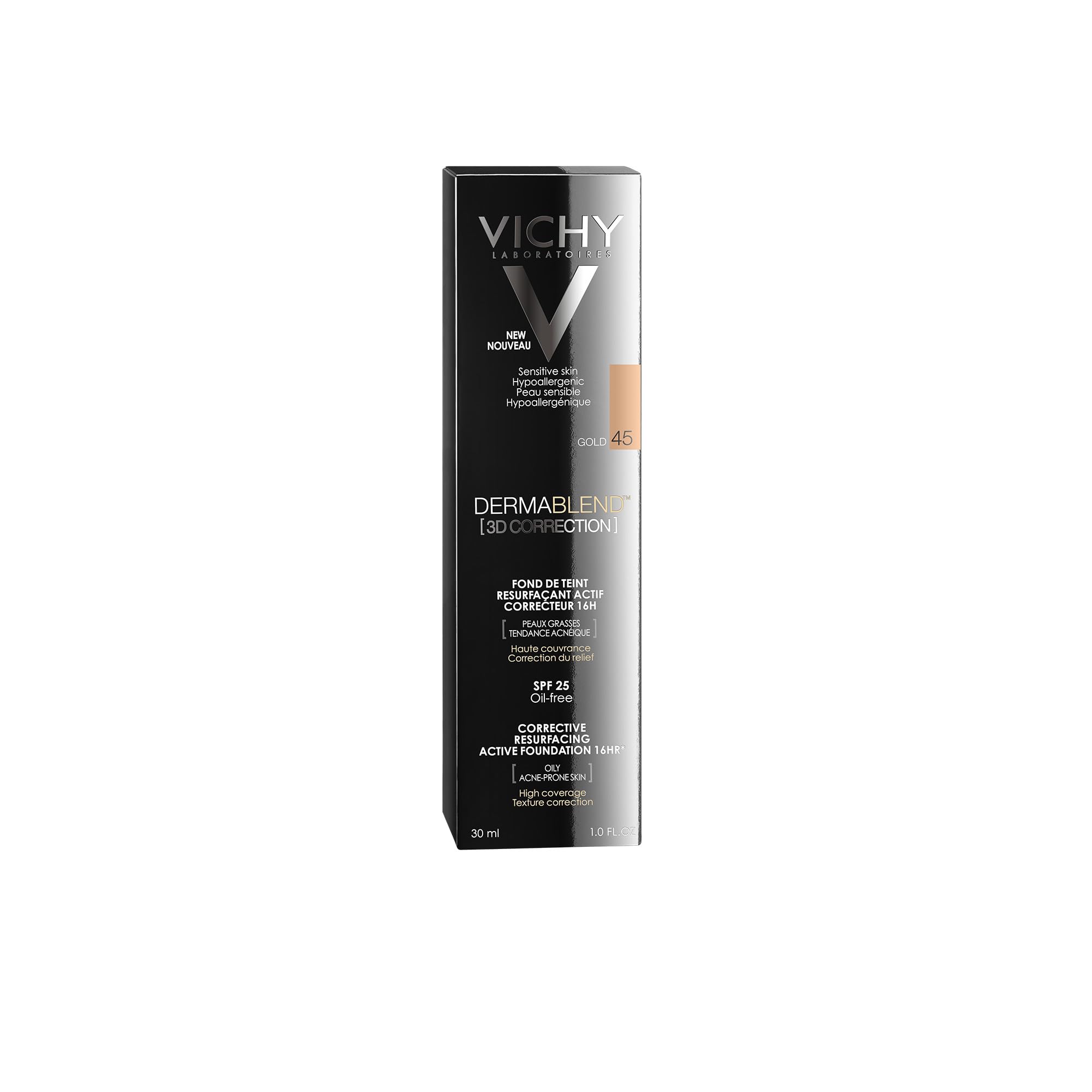 Vichy Base De Maquillaje Fluida Alisadora y Correctora, Alta Cobertura de 16 Horas, Reduce Imperfecciones, Acabado Mate, Para Piel Con Tendencia Acneica, Dermablend 3D Correction, Tono: 45 Gold, 30 ml