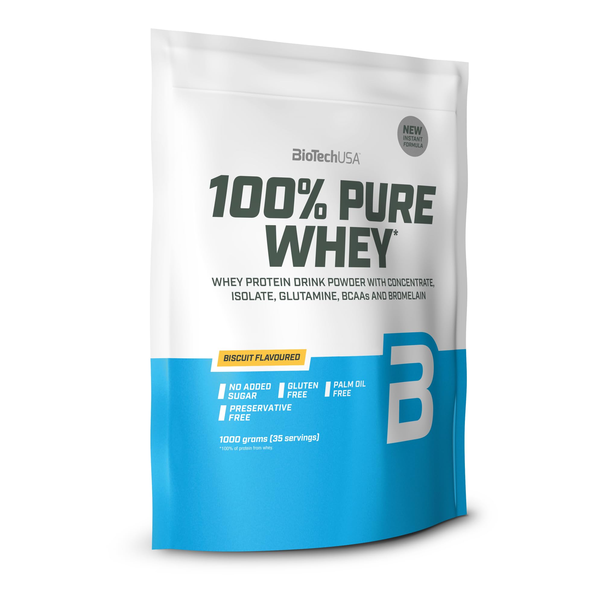 BioTechUSA 100% Pure Whey | Protein Powder with BCAA and Glutamine | Gluten-Free, Palm Oil Free | 21g Protein per Serving, 1 kg, Biscuit