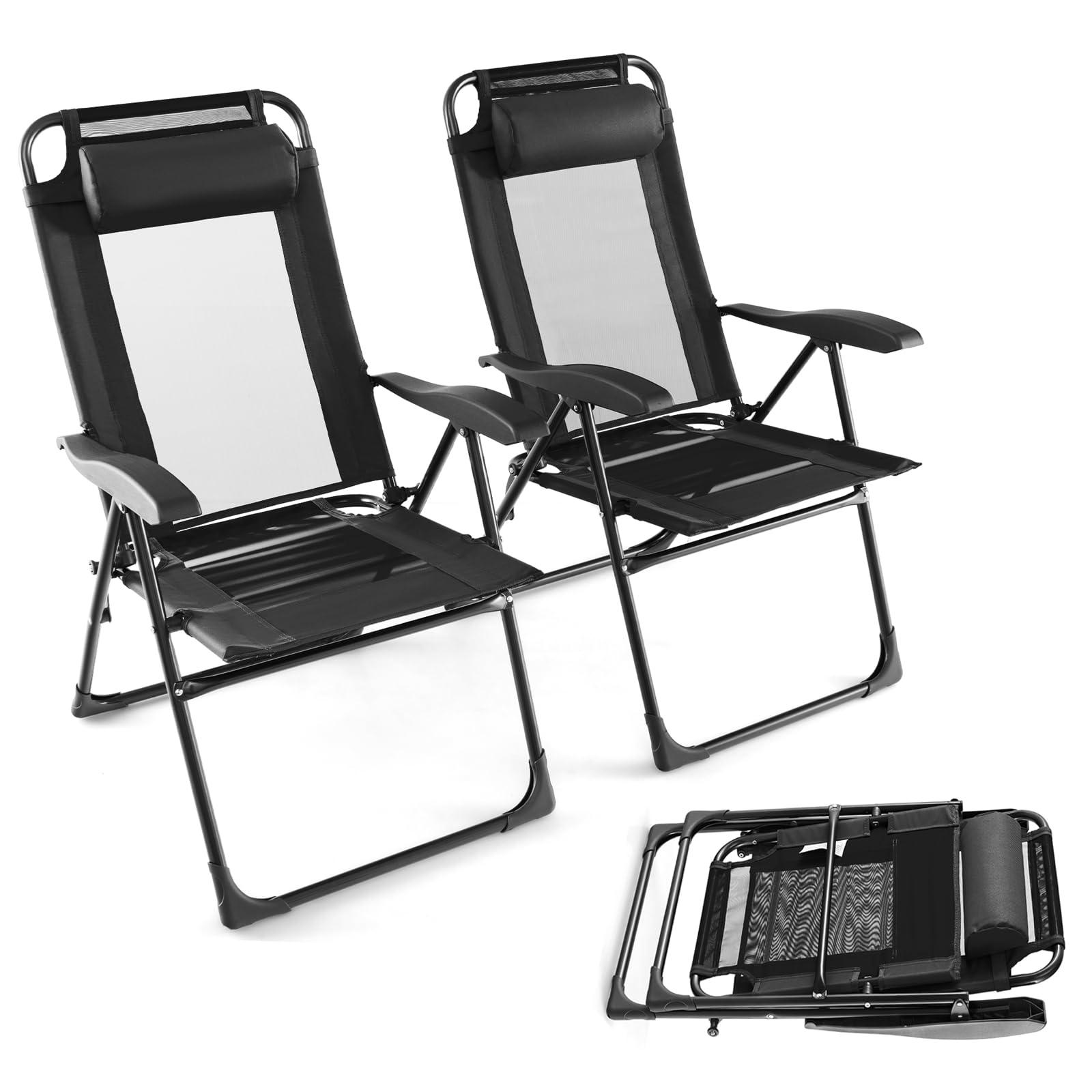 Chaises longues pliantes extérieur dossier haut réglable accoudoirs noirs