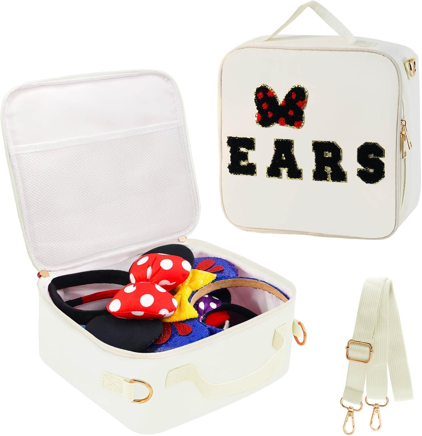 Chenille Letter Bow Mouse Ears Travel Case, Park Ears Headband Holder Hair Accessories Organizer Bag for Girls Women Kids Adults, Large Makeup Bag Snack Bags with Zipper for Travel Picnic – White