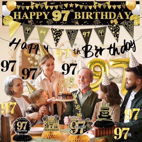 Image of 97th Birthday Decorations for Men, Black Gold 97th Party Decorations | 27pcs Happy 97th Birthdays Set: Banner, Honeycomb, Balloons, Gold Number, Candle, Hanging Swirls, Cake Topper, Party Supplies