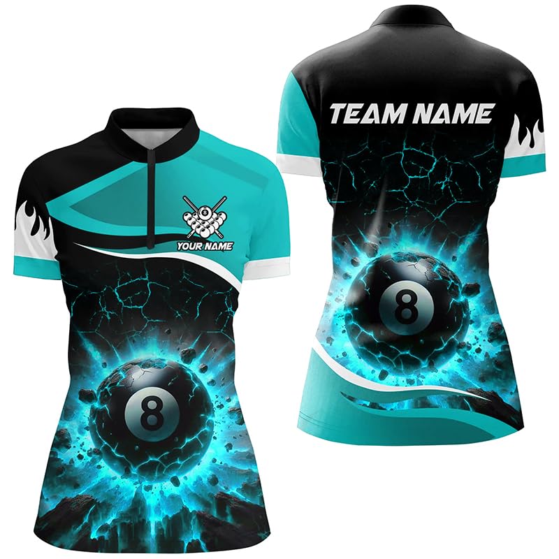 ChipteeAmz Personalized Turquoise 8 Ball Pool Crack Flame Billiard Jersey, Team League Billiard Team Shirts (US, Alpha, Small, 5X-Large, Regular, Regular, Women's Short Sleeve Quarter-Zip)