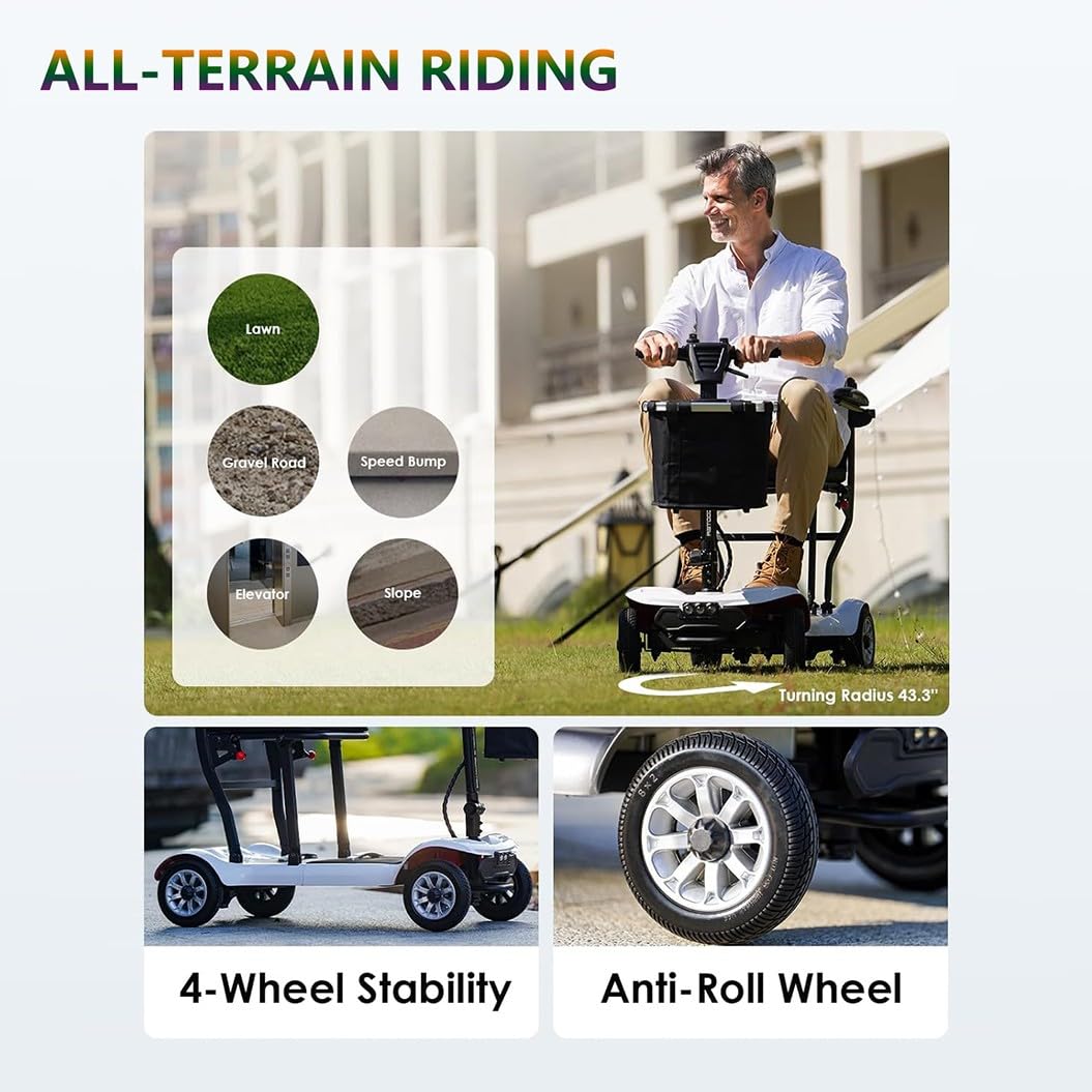 Scooter De Movilidad Portátil,Scooter De Movilidad Plegable De 4 Ruedas,Scooters De Movilidad Para Adultos,Scooter Eléctrico,Con Cargador Y Cesta Incluidos,Para Adultos Mayores 10ah