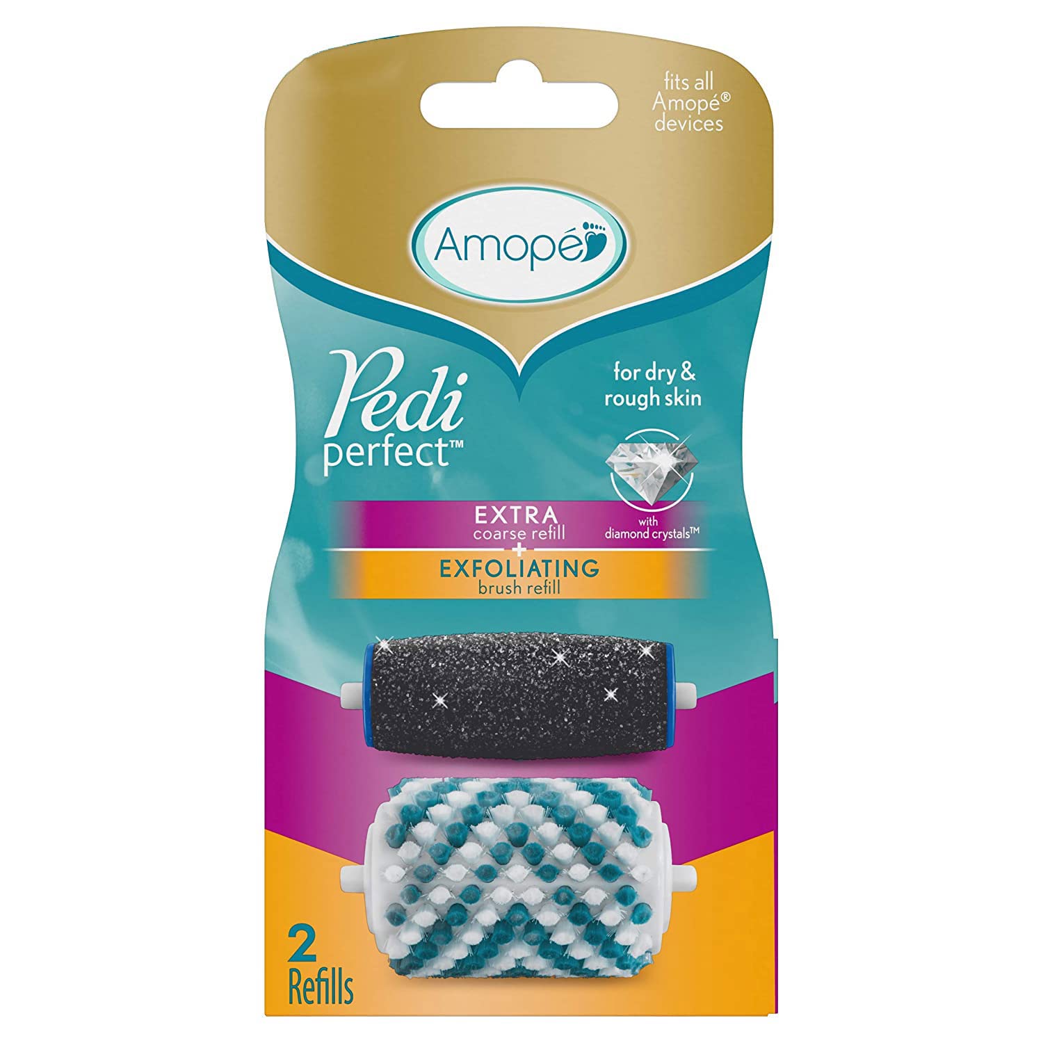 Amopé Pedi Perfect – Electronic Foot File Mixed Refills, 2 ct, Extra Coarse & Exfoliating Brush