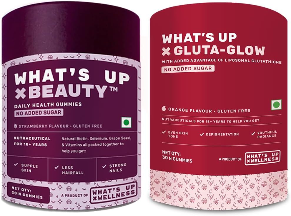 What’s Up Wellness Beauty & Gluta-Glow Combo. Biotin for Strong Hair + Glutathione for Bright Skin & Alpha Lipoic Acid for Wrinkle-Free Skin. Anti-Ageing Combo Pack. 30 Days Serving.
