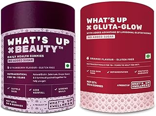 What's Up Wellness Beauty & Gluta-Glow Combo. Biotin Gummy For Strong Hair + Glutathione For Bright Skin & Alpha Lipoic Acid For Wrinkle-Free Skin. Anti-Ageing Combo Pack. 30 Days Serving