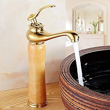 Techzere Marble Gold Heavy Single Lever Basin Mixer with 2 Braided Connection Pipes 450mm Onyx 12 Inch Height