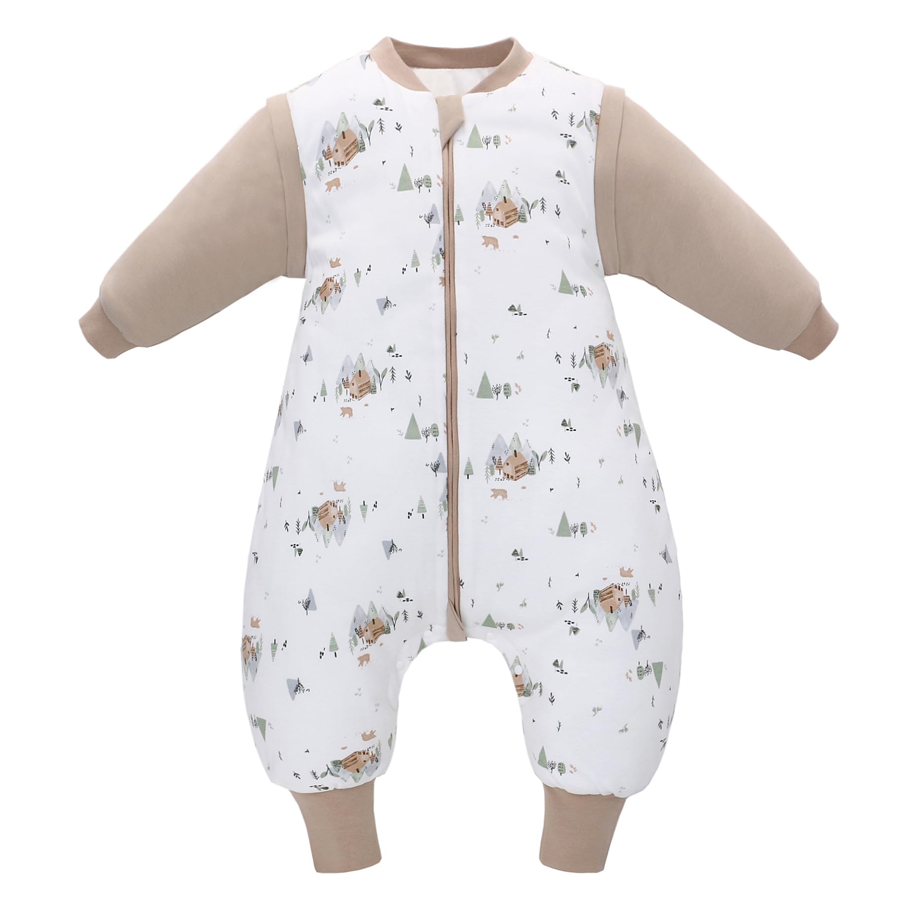 LAT Baby Sleeping Bag with Feet Removable Sleeves,2.5 TOG 100% Cotton Toddler Sleeping Bag with Legs,3-way Zipper Winter Wearable Blanket (Forest+Khaki, L)