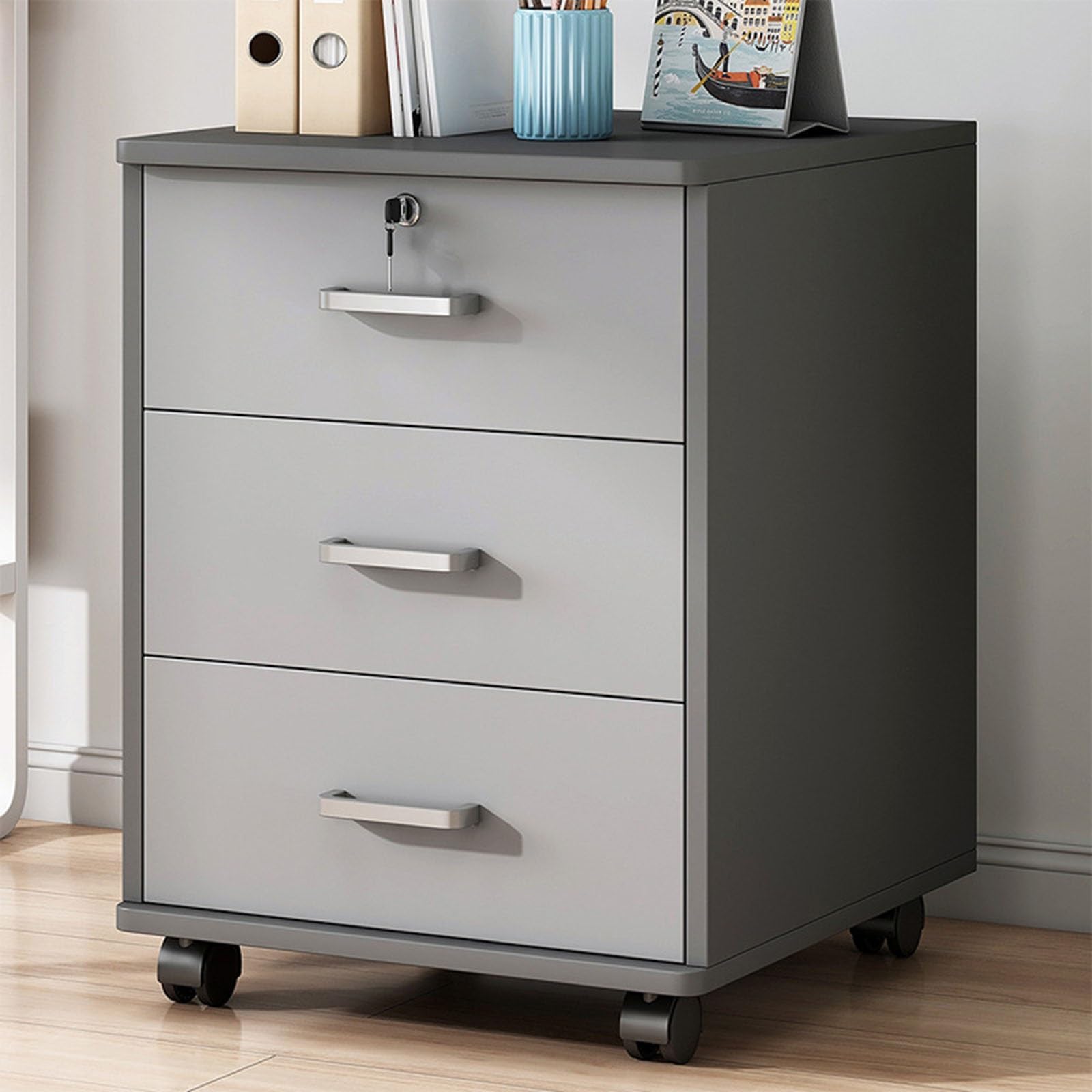 3 Drawer Mobile File Cabinet, Under Desk Storage Organizer with Lock, Wooden 14.5'' Extended Desktop, Small Rolling Filing Cabinet for Home Office Makeup Organization Letters/A4(Gray)