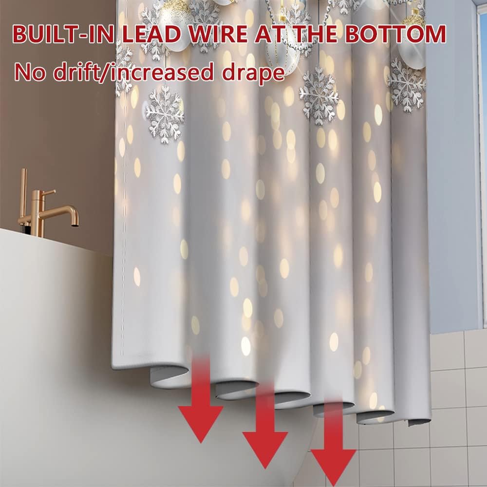 Christmas Shower Curtain with Hooks Silver Xmas Balls Snowflakes Gold Bokeh Spots Winter Holiday New Year Themed Shower Curtain for Bathroom Decorative Waterproof, 72x96 Inch