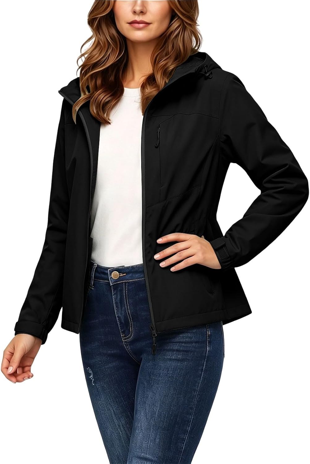 Rain Jacket for Women Waterproof Hooded Windbreaker Zip Up Coat | Women's Lightweight Softshell Jacket with Chest Zip Pocket, Drawstring Hem, Elastic Cuffs for Hiking Travel Fall