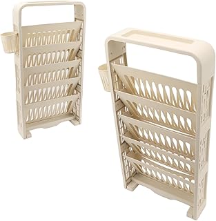 5 Tier Classroom Deskside Bookshelf, Movable Book Rack Storage Bookshelf with Wheel, Plastic Practical Rolling Organization Shelf for Living Room Home School (Cream)